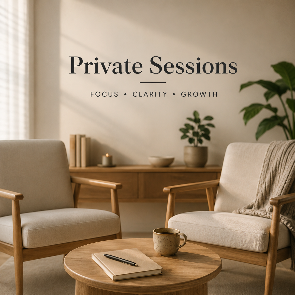 60-minute private nervous system coaching session space with comfortable chairs, calming interior design, personal growth, stress relief, and emotional wellbeing support.