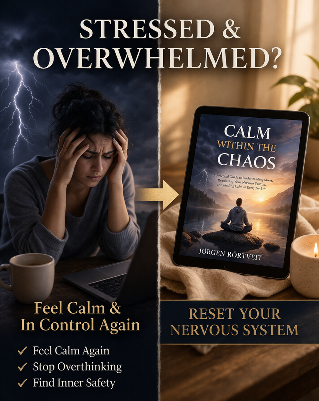 stressed woman overwhelmed working on laptop transforming into calm state with ebook nervous system reset guide
