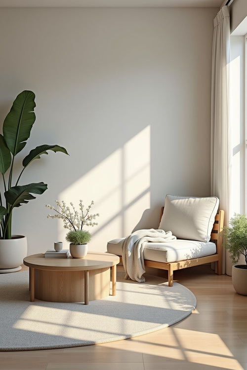 Minimalist coaching space with a comfortable chair, natural light, and calm neutral tones, designed for one-to-one coaching sessions and quiet reflection.