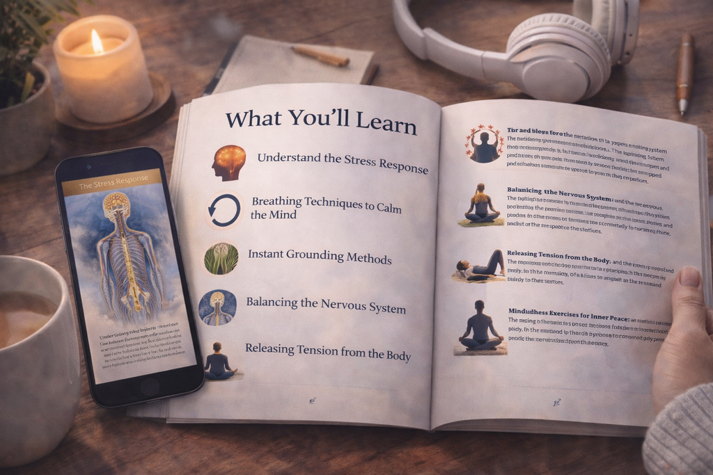 ebook preview pages showing stress response explanation breathing techniques and grounding exercises for calm mind
