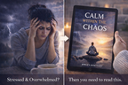 stressed woman holding head next to tablet showing calm within the chaos ebook solution for stress relief