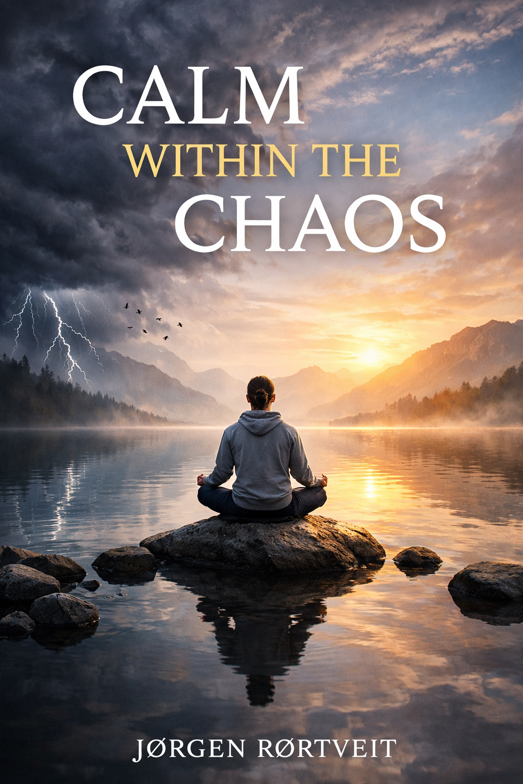 Calm Within the Chaos ebook cover showing person meditating by lake with storm and sunrise symbolizing stress and calm