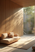 Calm, minimalist coaching space with soft natural light, warm wooden walls, and comfortable seating, creating a peaceful environment for deep reflection and long-term personal growth.