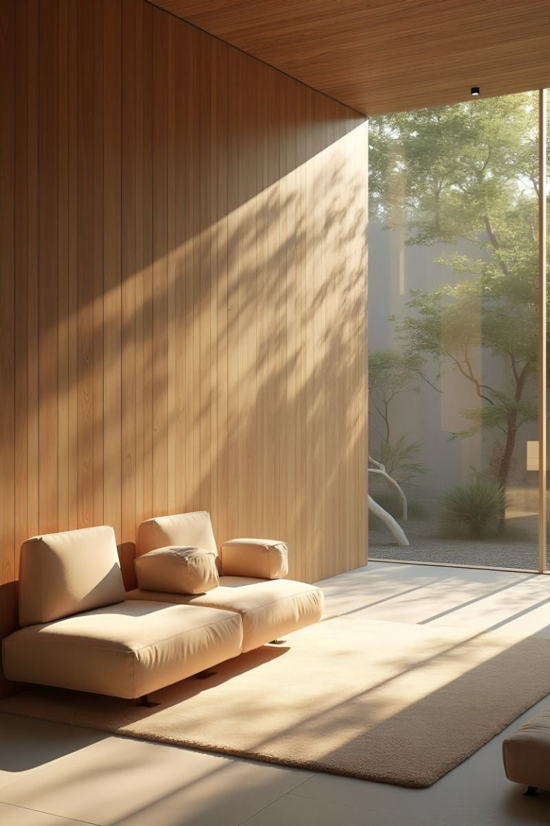 Calm, minimalist coaching space with soft natural light, warm wooden walls, and comfortable seating, creating a peaceful environment for deep reflection and long-term personal growth.