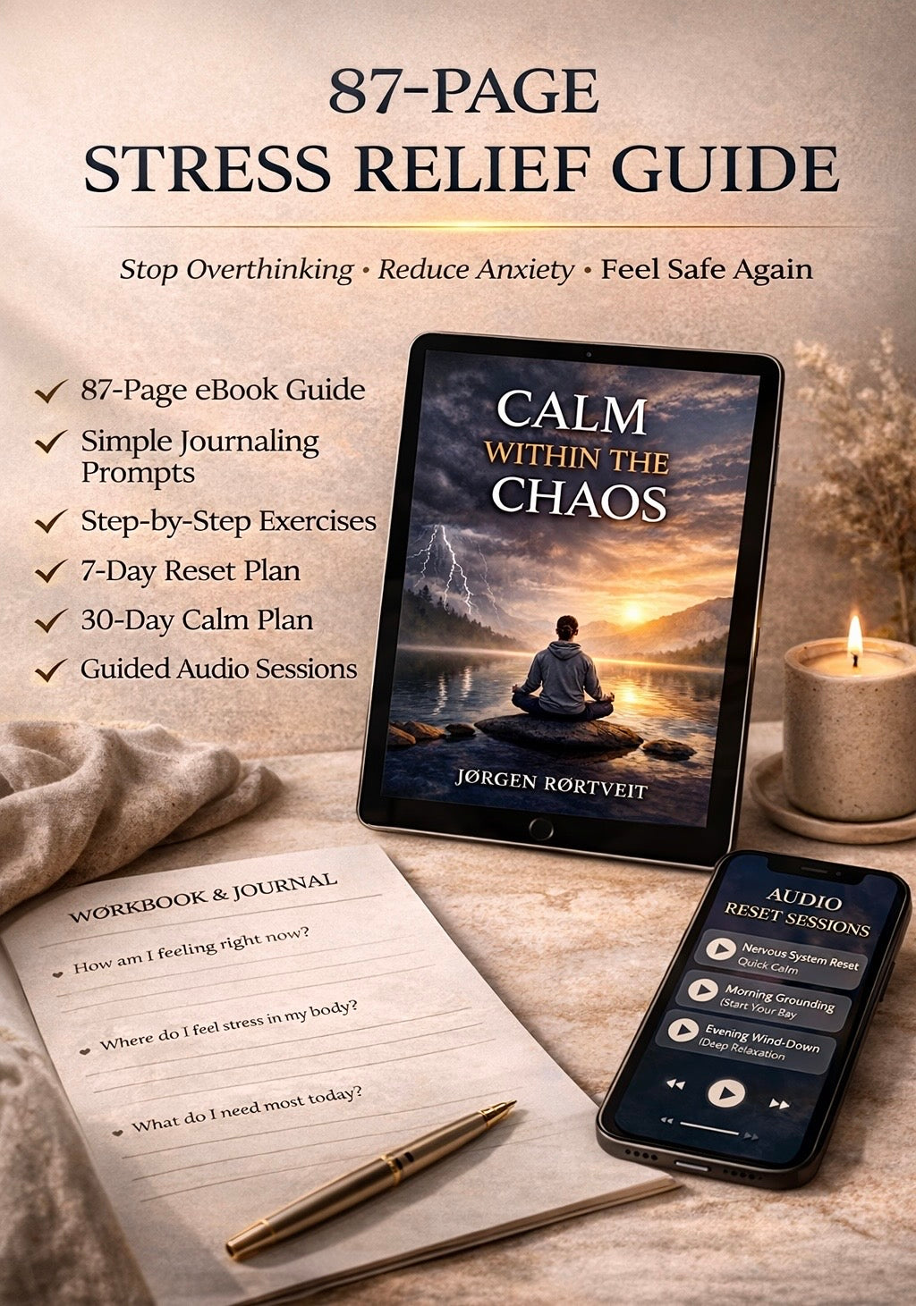 87 page stress relief ebook guide showing features like journaling prompts breathing exercises and nervous system reset