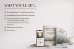 6-week coaching program includes 1:1 sessions, WhatsApp support, nervous system audio tracks, ebooks and workbooks for stress and anxiety