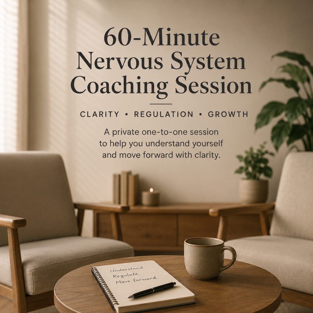 Private nervous system coaching session with a calming interior, comfortable chairs, and a supportive space for stress management, overthinking, burnout, and personal growth.