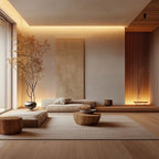 Calm minimalist coaching space with warm wood tones and soft lighting, representing long-term personal growth and deep transformational coaching.