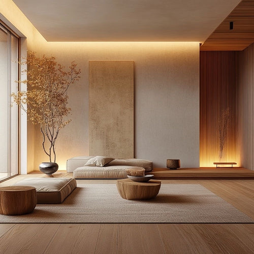 Calm minimalist coaching space with warm wood tones and soft lighting, representing long-term personal growth and deep transformational coaching.