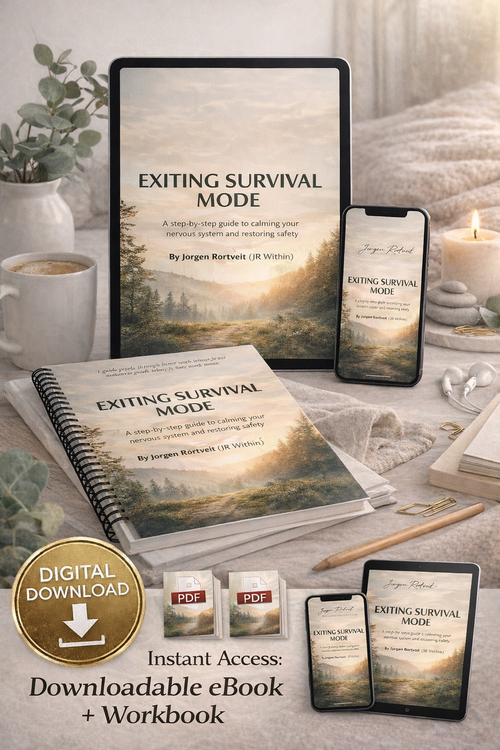 Digital downloadable eBook and workbook ‘Exiting Survival Mode’ displayed on tablet, smartphone, and spiral-bound workbook, a step-by-step guide to calming the nervous system and restoring safety.