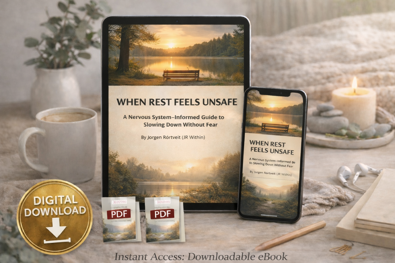 Digital ebook cover displayed on tablet and phone titled “When Rest Feels Unsafe – A Nervous System–Informed Guide to Slowing Down Without Fear” by Jørgen Rørtveit, shown in a calm, cozy setting with warm light and tea.