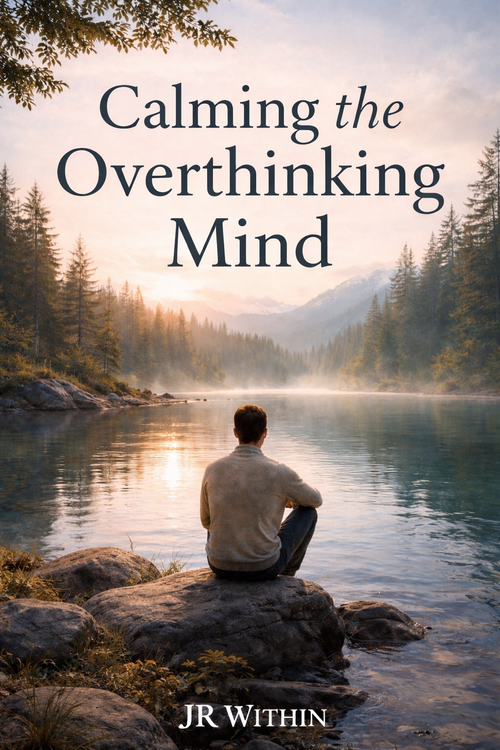Ebook cover calming overthinking mind, man sitting by lake, peaceful nature scene, mental health self help guide